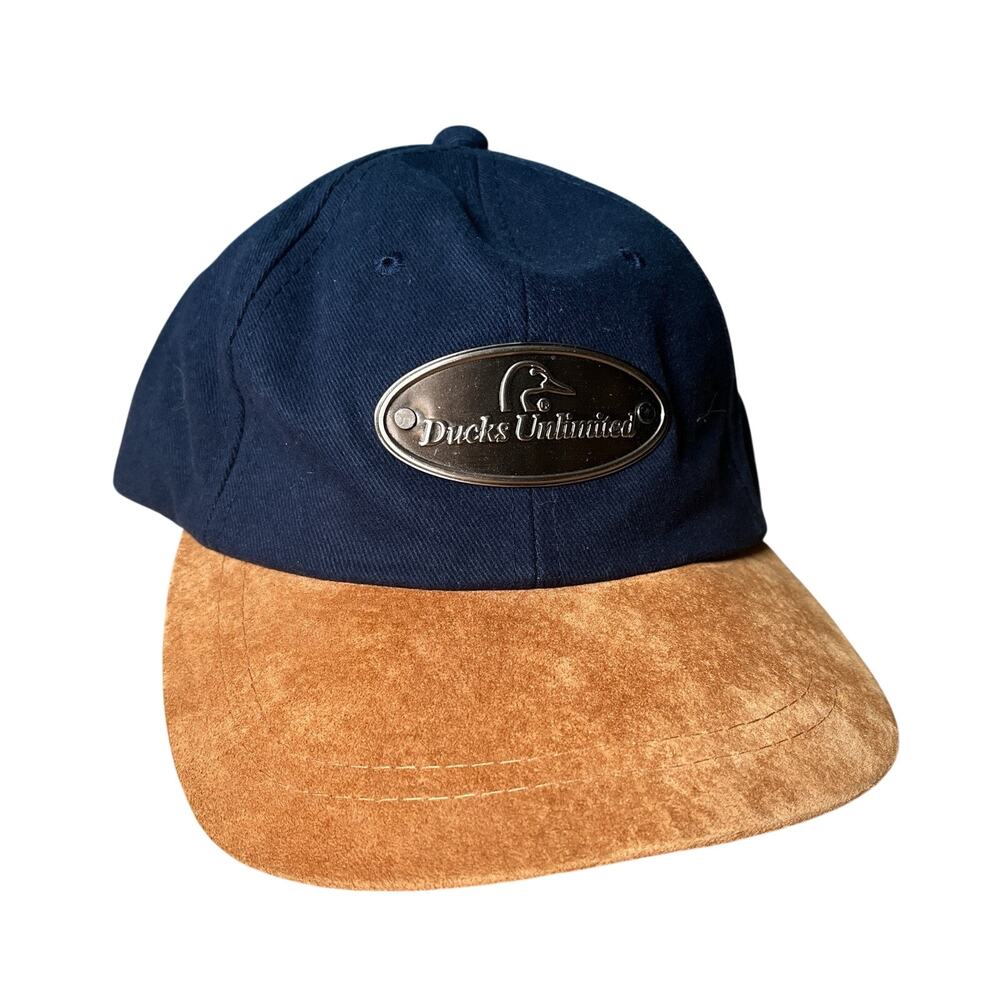 VTG Ducks‎ Unlimited Sponsor Hat Navy Tan Suede Brim Metal Badge Adjustable Cap